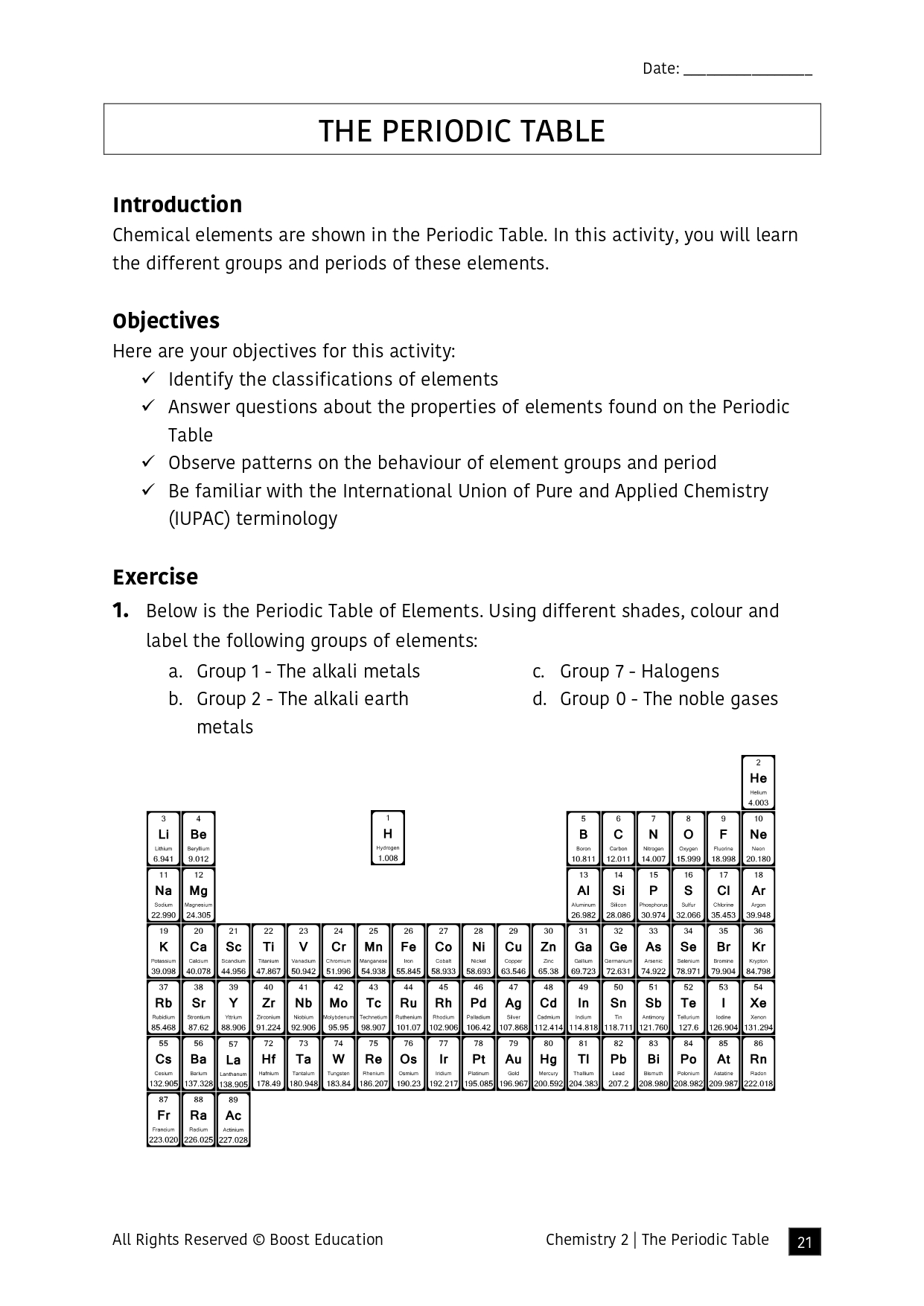periodic table worksheet year 8